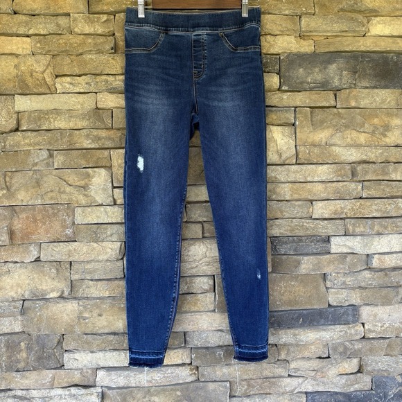 Spanx Ankle Skinny Jeans Womens Size Medium Dark Blue Distressed Shaping Pull On - Picture 3 of 8